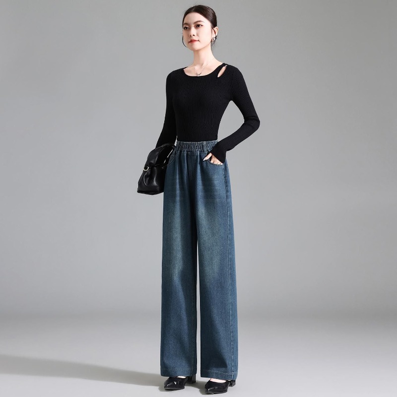 Nouveau Jean Droit Élastique Taille Haute 2026 pour Femme – Nouvelle Collection Printemps-Automne – Coupe Ample Décontractée Polyvalente – Pantalon Large Femme