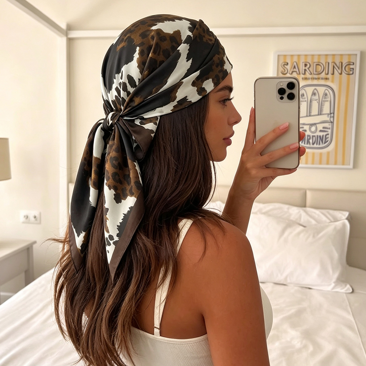 Bandeau en satin imprimé léopard 70 cm, foulard élégant pour femme, bandana, écharpe de cou, accessoire de mode féminin, nouveau style 2026