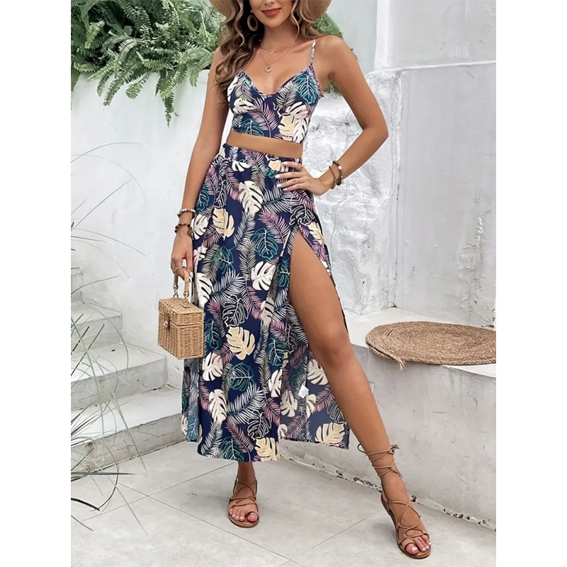 Robe élégante à col en V profond pour femmes, ensemble jupe et veste sans manches imprimée pour l'été, robe tendance sexy à fente haute