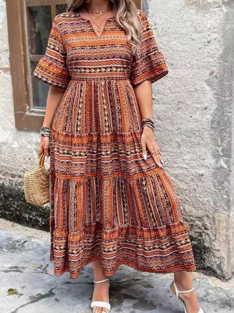 Robes d'été longues pour femmes, col rond, col en V, Style bohème, grande taille, robe Boho, Maxi, Simple, basique, décontractée