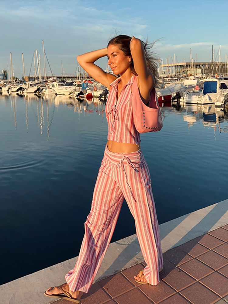 Ensemble haut et pantalon rayés à lacets pour femme, dos nu, taille haute, nouvelle collection 2024