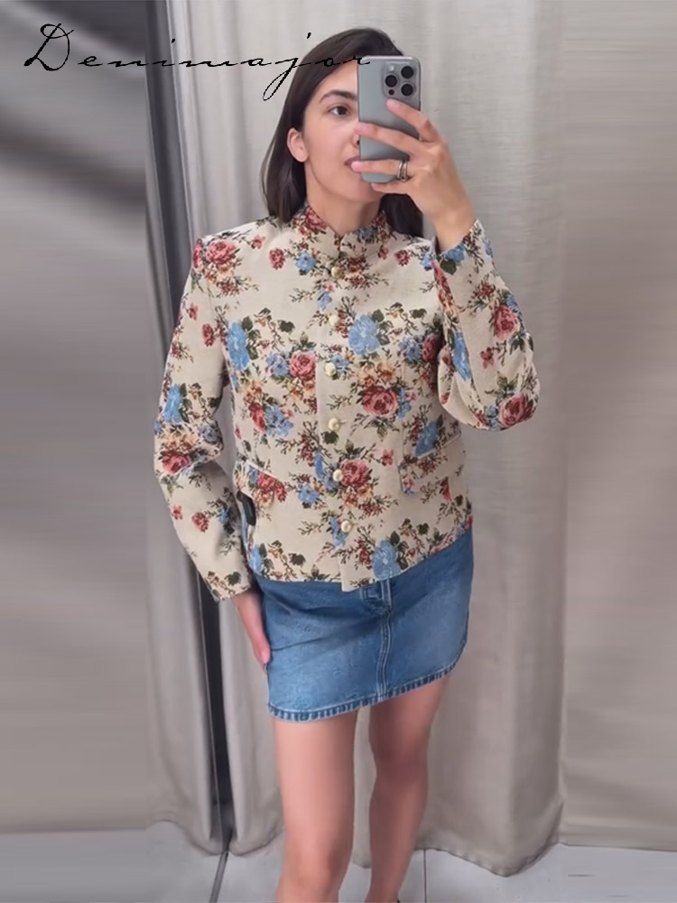 Manteau imprimé floral tendance pour femme, col montant, simple boutonnage, manches longues, coupe ample, nouvelle collection automne 2026, style vintage streetwear