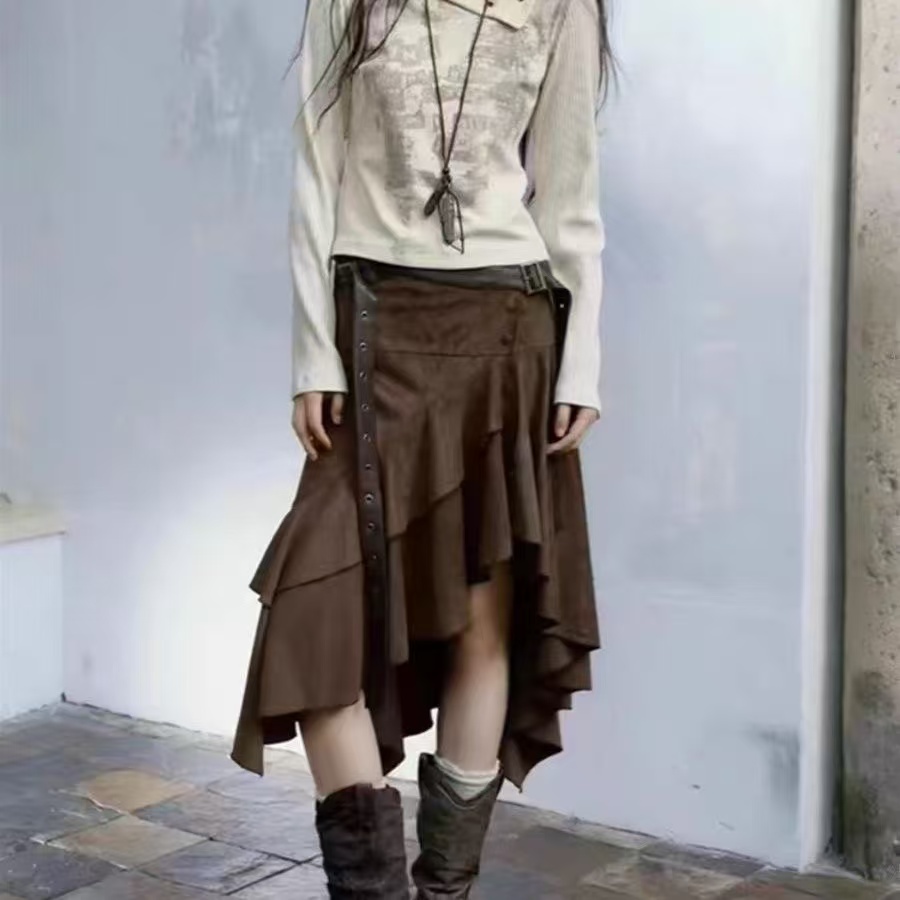 Jupe longue mi-longue marron pour femmes, Y2K Harajuku, mode de rue, Vintage, rétro, élégante, vêtements pour femmes, 2025