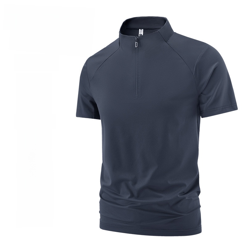 T-shirt à manches courtes en soie glacée pour homme, col montant, séchage rapide, vêtement de sport décontracté d'été, en tissu nylon, coupe confortable