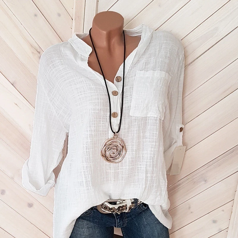 Chemisier en coton et lin pour femmes, chemises d'automne décontractées à manches longues, col en V, chemise ample, hauts pour dames, T-Shirts sur mesure