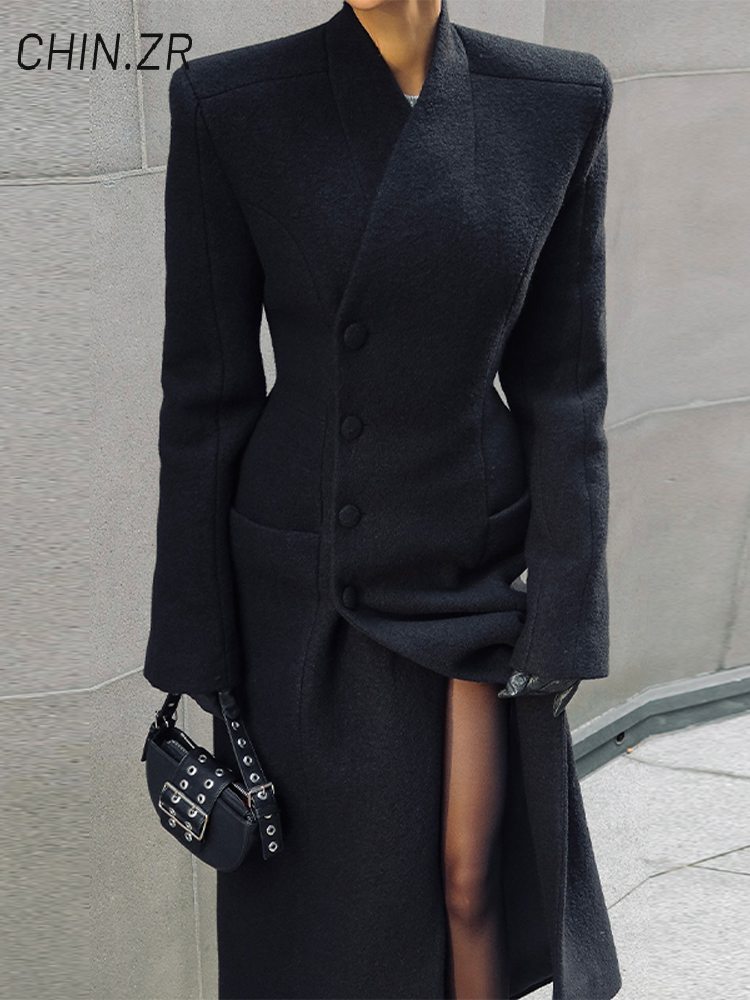 Manteau en laine à col châle pour femme, élégant, avec ceinture, ample, manches longues, poches, automne-hiver, vêtements d'extérieur chics pour les déplacements, 2025