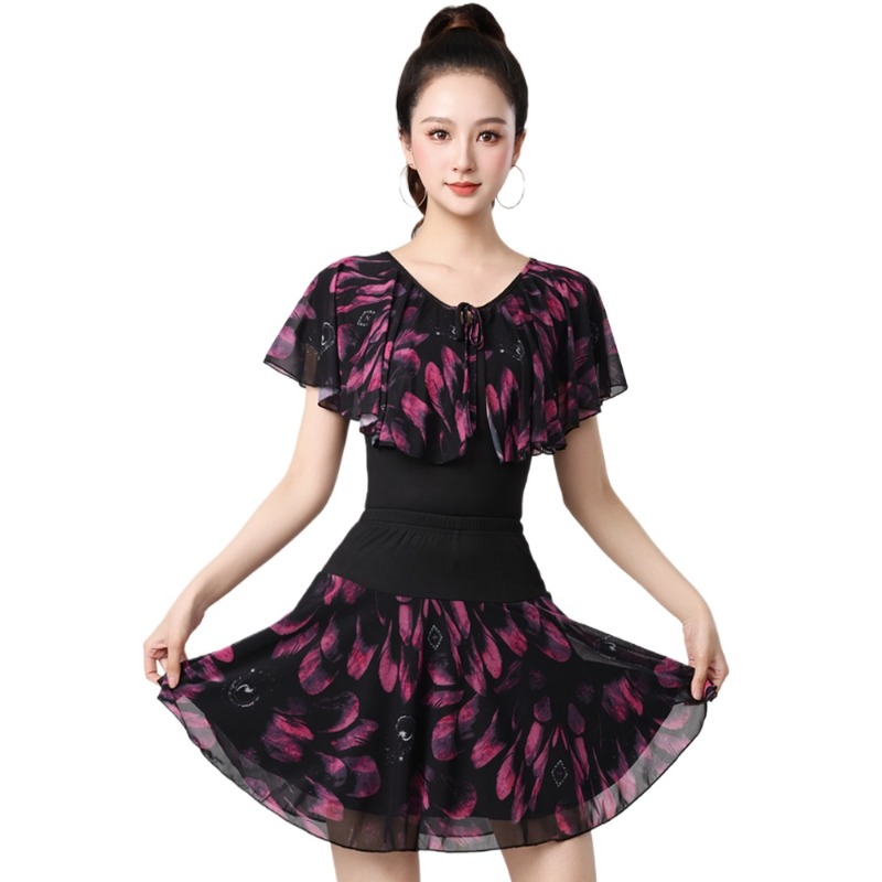 Robe de soirée pour femmes, Standard National, Costumes de danse latine, jupe en maille imprimée à manches courtes, tenue de danse élégante