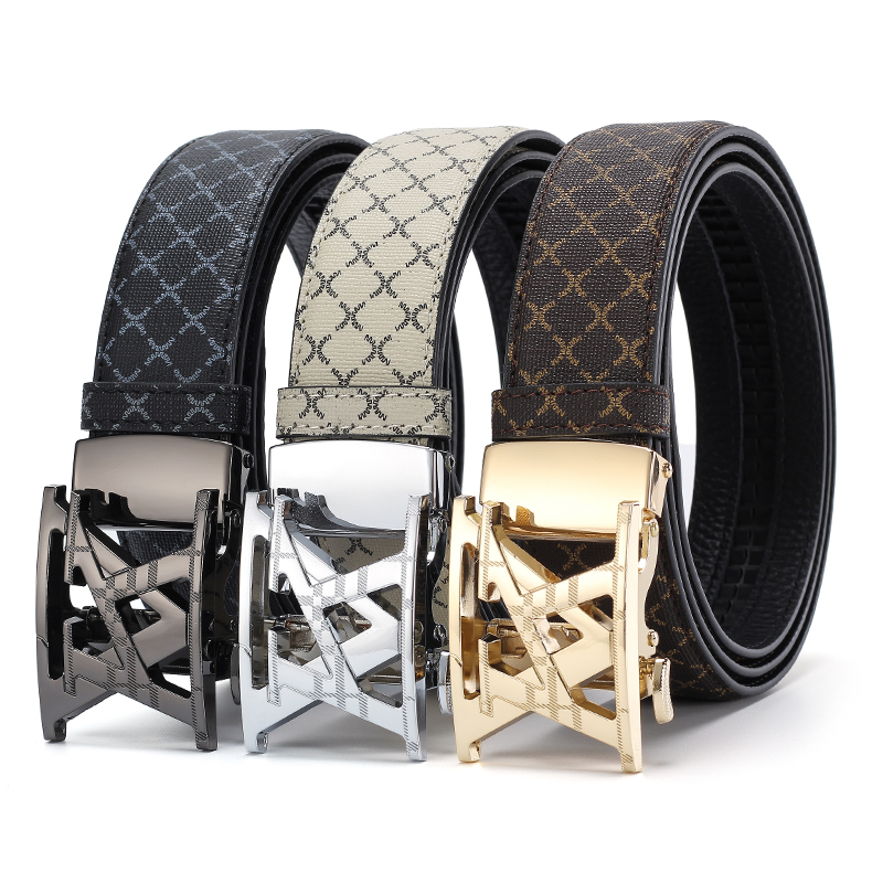 Ceinture de luxe pour homme à boucle automatique, motif écossais, en cuir PU, pour affaires et décontracté, ceintures de créateur pour hommes et jeans