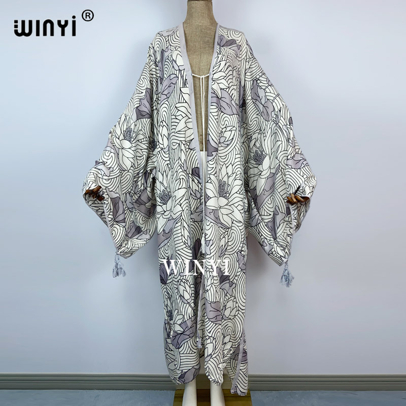 Robe kimono longue rose pour femmes, imprimé Boho, avec ceinture frontale, ouverte, tunique de plage, robes rondes