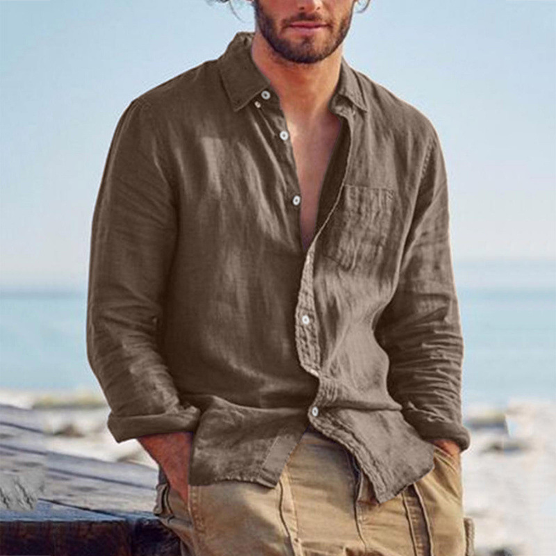 Chemise décontractée à manches longues pour homme en coton, polyester et lin, respirante, boutonnée, avec poche poitrine, idéale pour l'été et les vacances à la plage