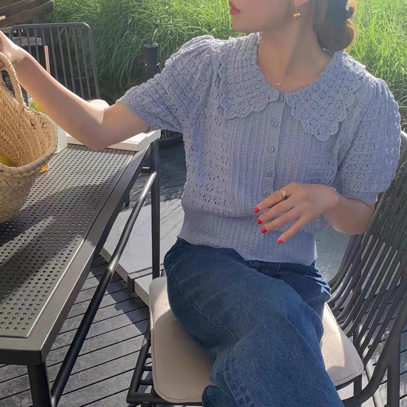 Cardigan à boutons pour femmes, T-shirt à manches courtes, simple boutonnage, col Peter Pan, nouveaux hauts d'été