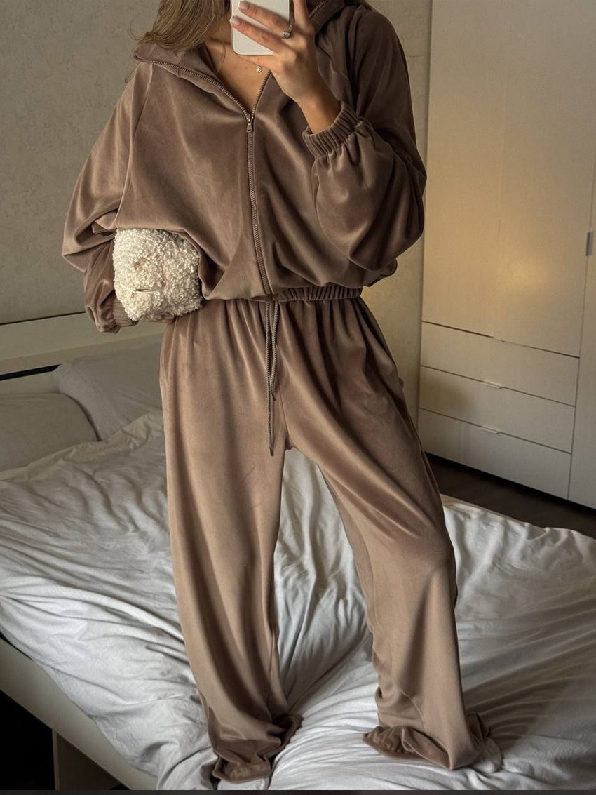Ensemble 2 pièces en velours pour femmes, pantalon décontracté, veste Cardigan à capuche avec fermeture éclair et pantalon ample, survêtement de Sport, automne hiver