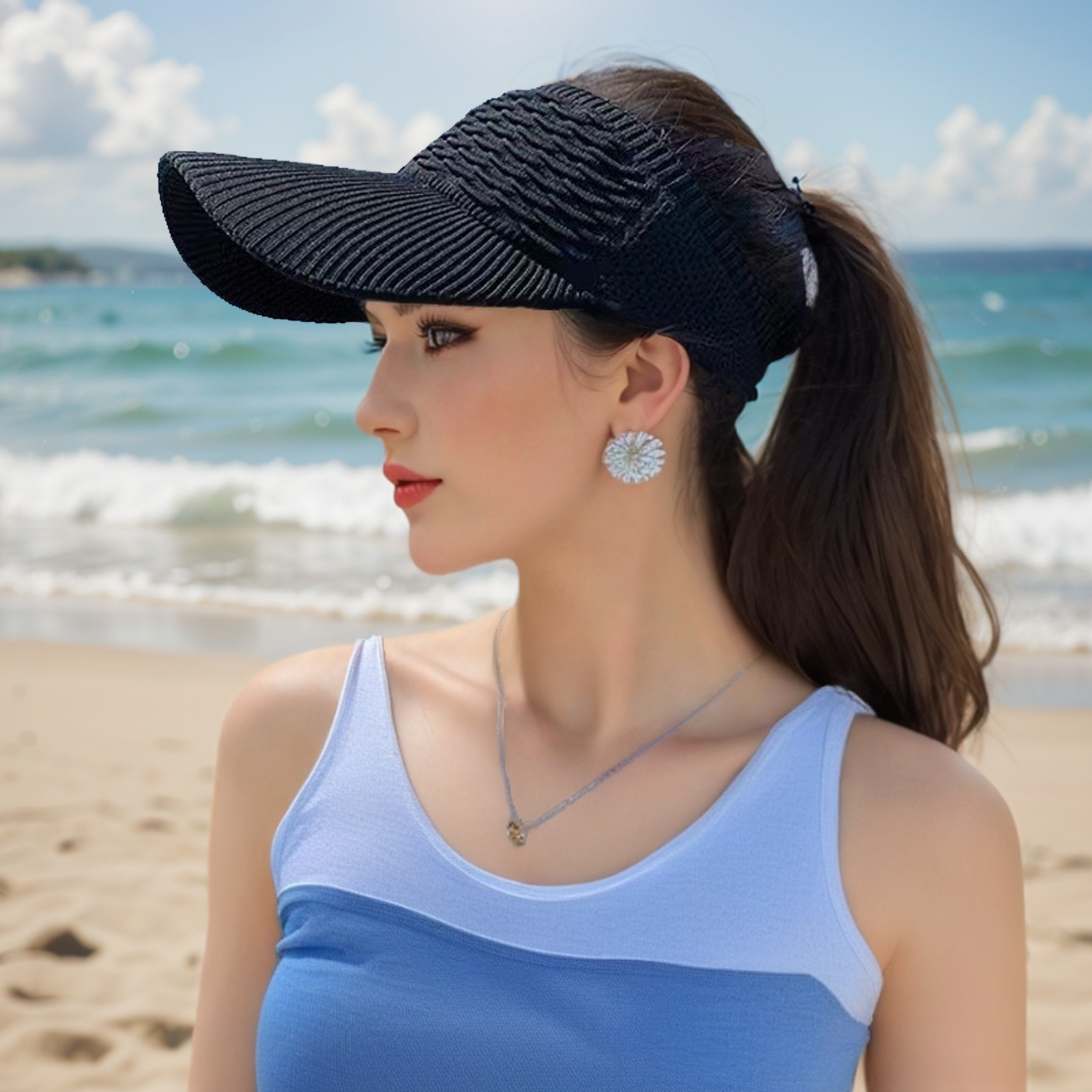 Casquette de soleil pour femme, protection UV, respirante, avec ouverture pour queue de cheval, style écaille de poisson, pour l'été, les voyages, le golf, les loisirs et le shopping