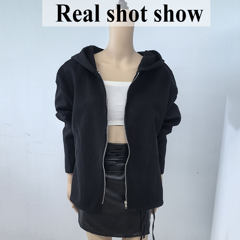 Manteaux en laine mélangée à capuche pour femmes, nouvelle collection automne-hiver 2026, vêtements d'extérieur décontractés à fermeture éclair, veste vintage simple à manches longues pour femme.