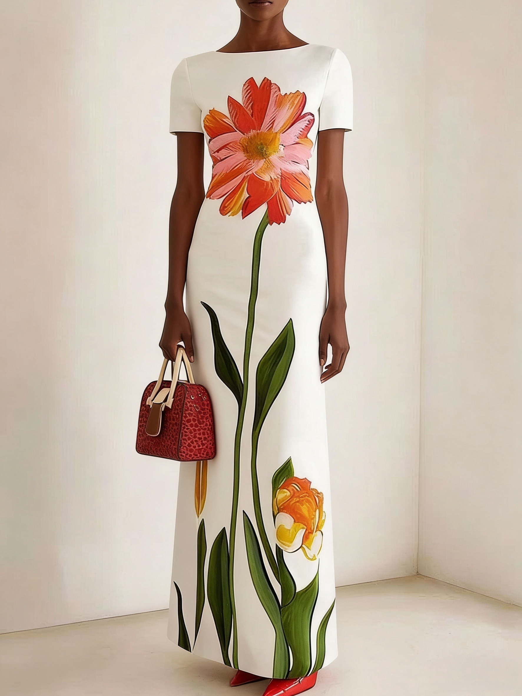 Vêtements d'été pour femmes, nouveau style, imprimé artistique, col rond, manches courtes, robe longue, robe longue rétro ajustée, élégante et tendance, adaptée au quotidien, aux rendez-vous, aux mariages, aux banquets, aux cérémonies de remise des diplômes