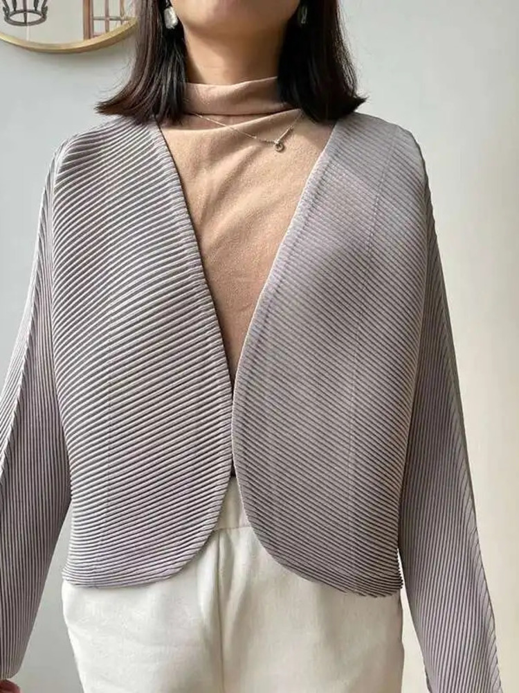 GVUW-Veste Plissée à Col en V pour Femme, Vêtement d'Extérieur Décontracté à Manches sulf, Point Ouvert, Couleur Unie, Nouvelle Collection 2025, 17G9774