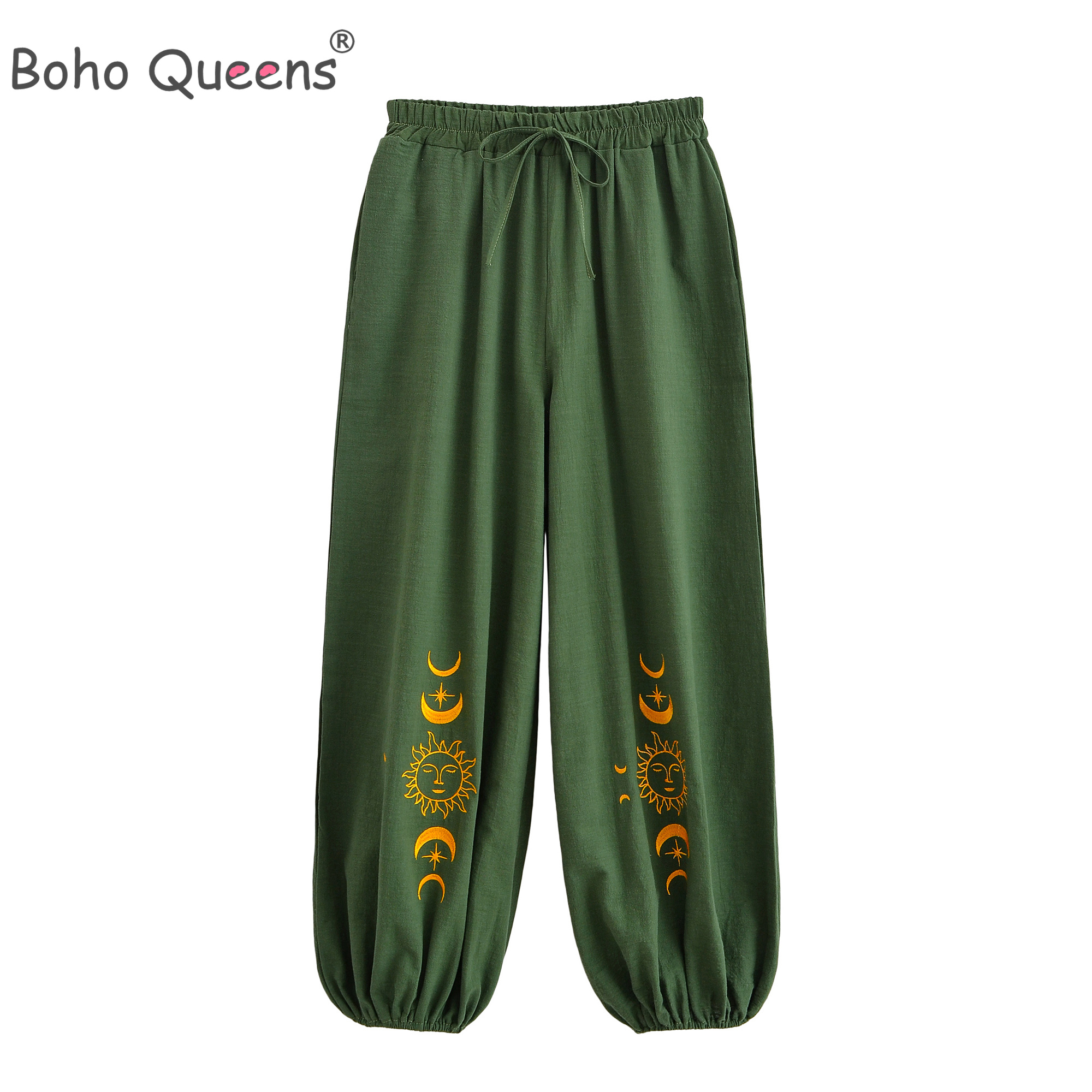 Boho Queens automne mode Happie femmes soleil lune broderie lin coton Baggy pantalon Bloomers poches latérales pantalon de Yoga ample