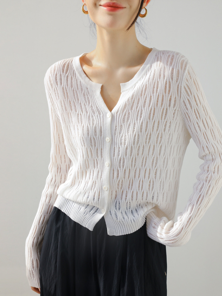 Cardigan en tricot à col rond et manches longues, style festonné, en lin et soie glacée ajouré, couleur unie, pour femme, Nouvelle collection Printemps-Été 2026