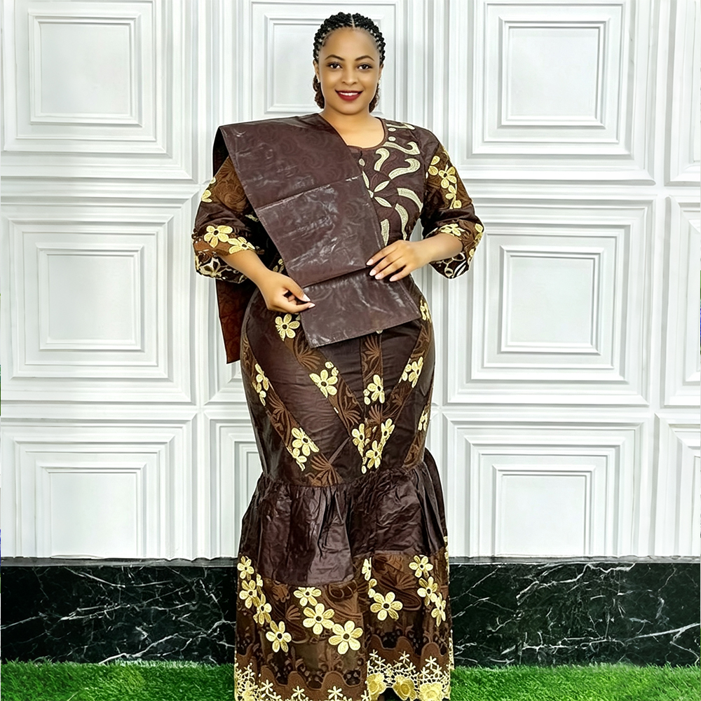 Robes longues de soirée africaines grande taille pour femmes 2026 – Nouvelle collection de robes de luxe brodées en Bazin, tenues élégantes pour mariages musulmans et soirées