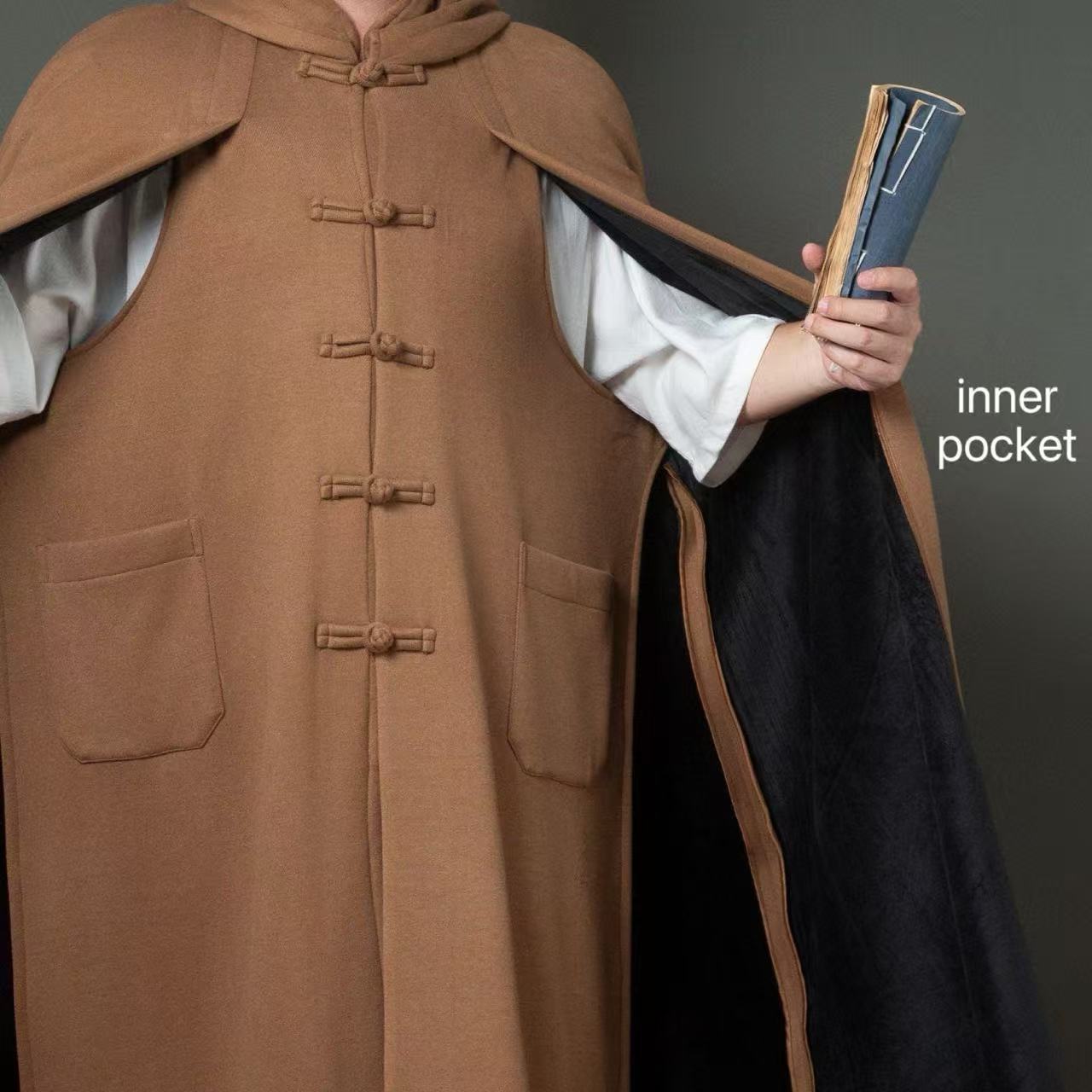 Cape à capuche de moine pour hommes et femmes, Costume traditionnel assis sur le Temple, Vintage, automne hiver, méditation, pèlerinage, longue Robe avec poche