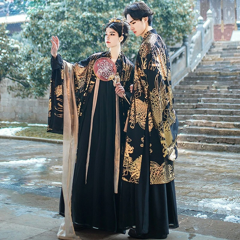 Robe traditionnelle chinoise de prairie pour hommes et femmes, ensembles Hanfu noirs, vêtements jumelés pour couple, costume de cosplay d'Halloween, danse financière