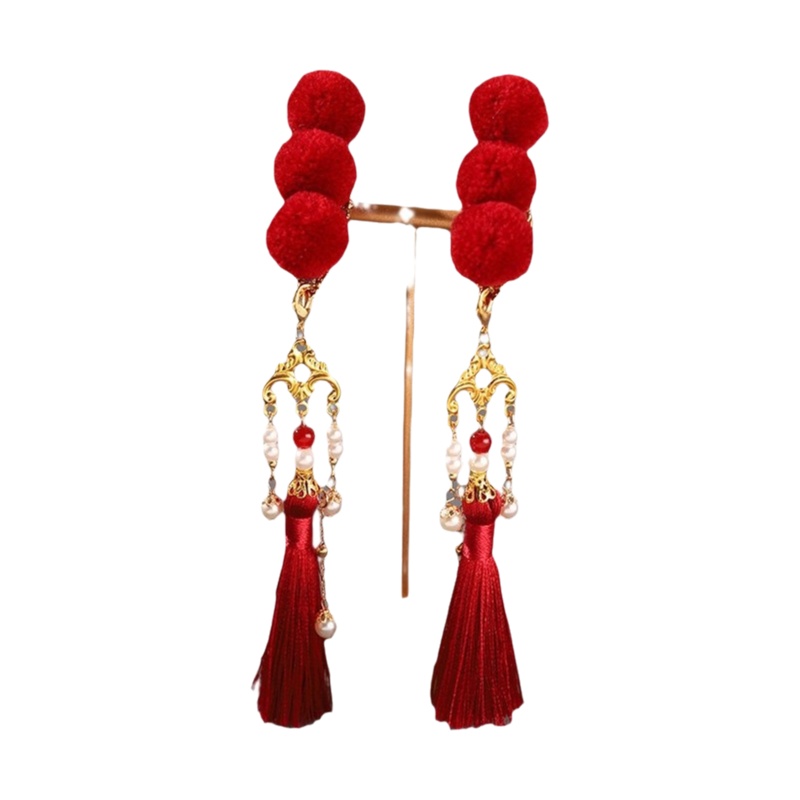 Épingle à cheveux à pompon rouge pour double chignon, style Hanfu du Nouvel An, accessoire de coiffure de style ancien pour femmes et pour la cérémonie parent-enfant