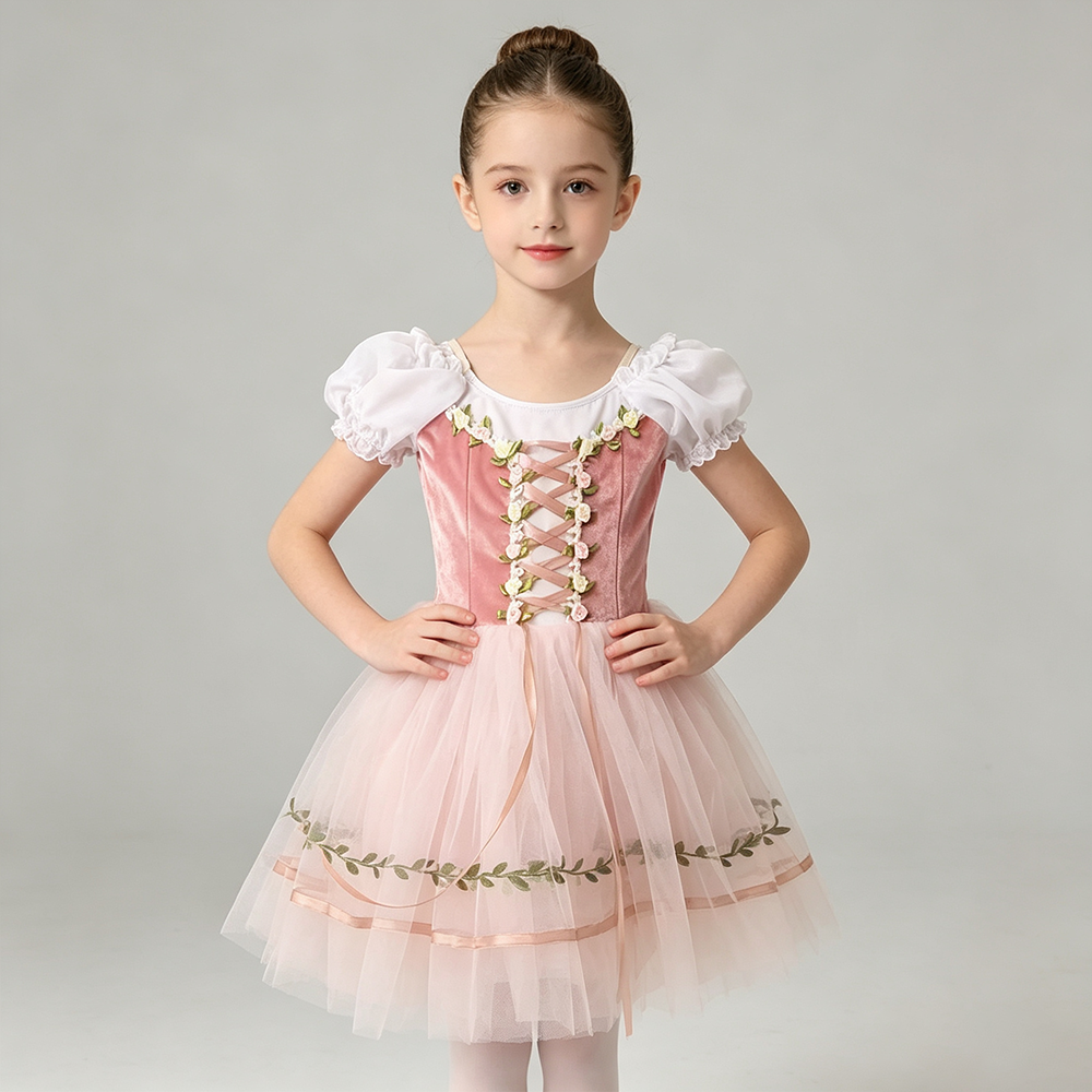 Robe de ballet professionnelle à manches bouffantes, en velours fleuri, patchwork de gaze et ruban, robe de ballerine pour fête, costumes de danse pour filles enfants