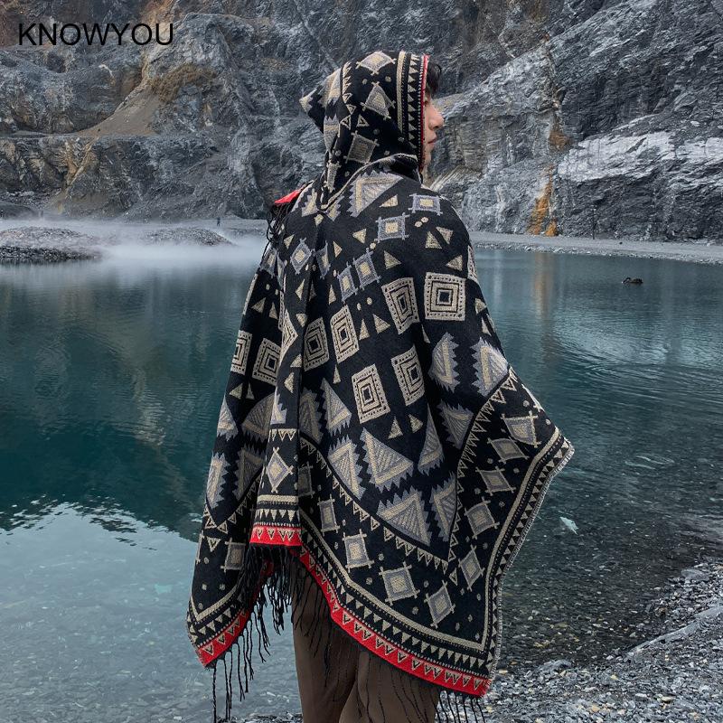 Pashmina Réversible en Cachemire pour Homme, Veste à Capuche avec Pompon, Chaud, Polyvalent, Triangle Everak