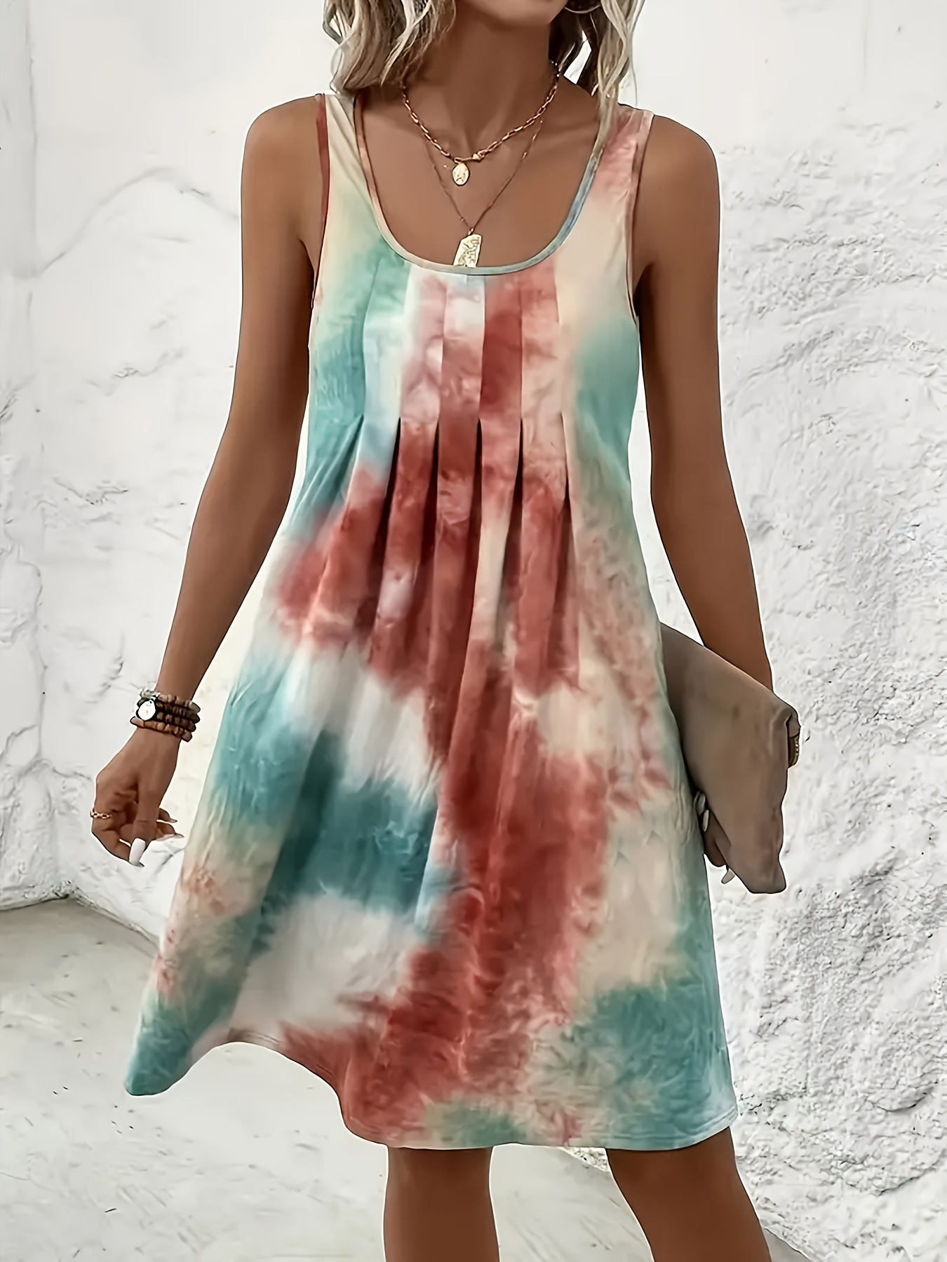 Nouvelle Robe Débardeur Femme 2026 Imprimé Tie-Dye Bohème Col U Plissée sur le Devant Coupe Ample Mini Robe Décontractée Douce pour la Détente