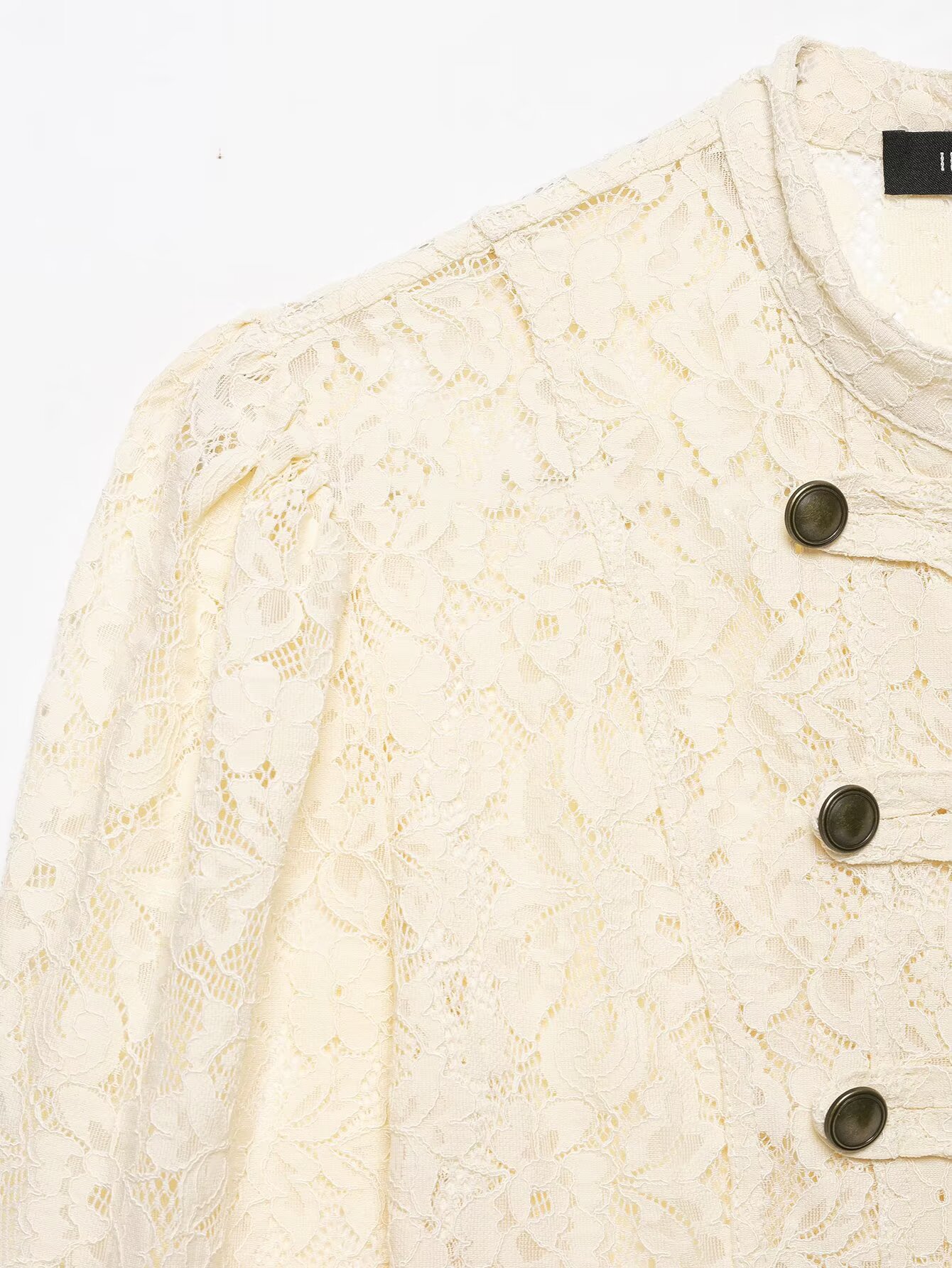 BSAY Veste courte en dentelle florale vintage française, col mandarin, boutons à nœud grenouille, manches longues bouffantes, veste rétro ajustée pour femmes