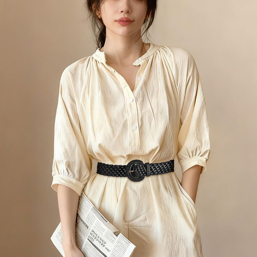 Ceinture décontractée tressée, large, en cuir PU, style bohème, avec découpes rondes, pour femme