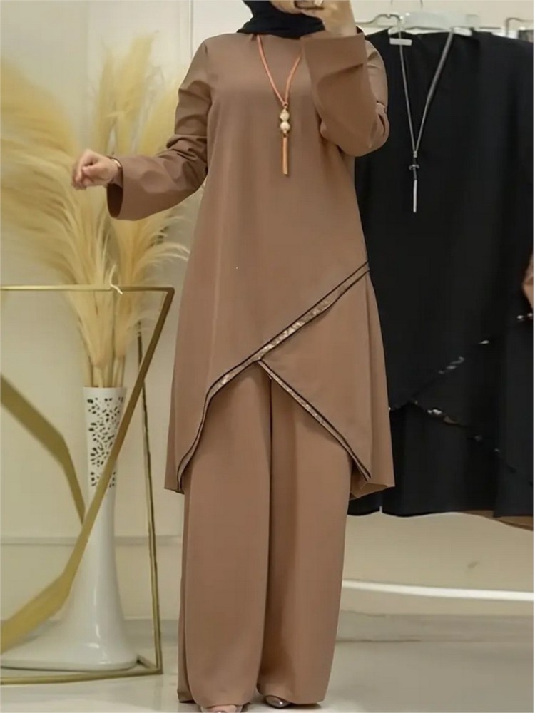 Ensemble Robe et Pantalon Large à Manches Longues Deux Pièces pour Femme Musulmane, Couleur Unie, Style Décontracté, Sportswear Tendance 2026