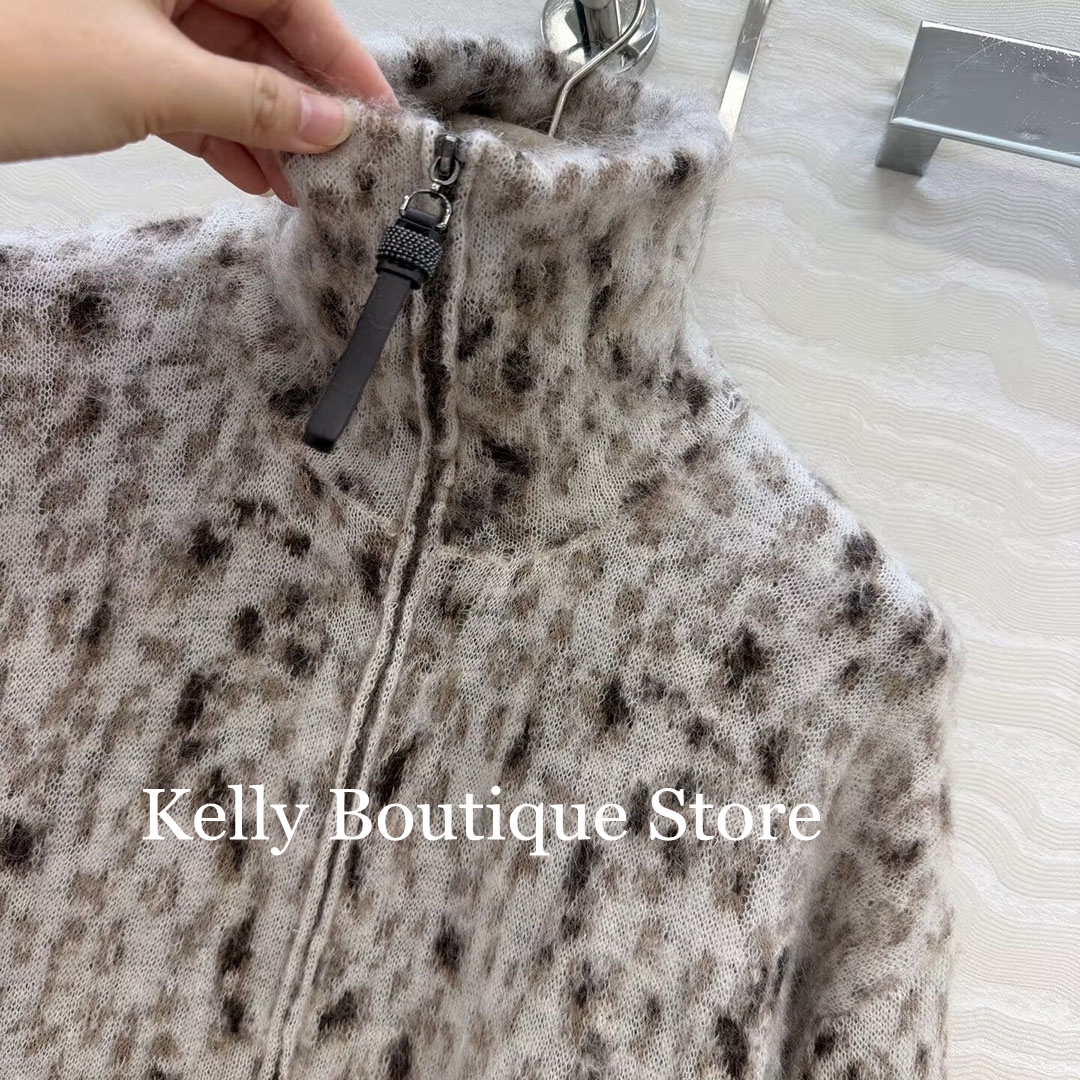 Cardigan zippé en laine mohair douce à motif léopard, style « Old Money » de luxe, pour femme, col à revers, manches longues, pull décontracté et confortable
