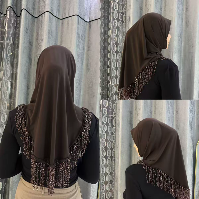 Hijab prêt-à-porter musulman avec châle à franges instantanées, couvre-chef tendance pour femmes