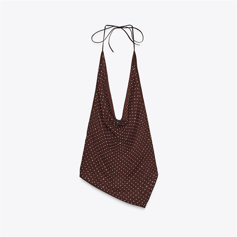 Débardeur court d'été pour femme, sans manches, à lacets, col licou, dos nu, avec paillettes brillantes et ourlet triangulaire