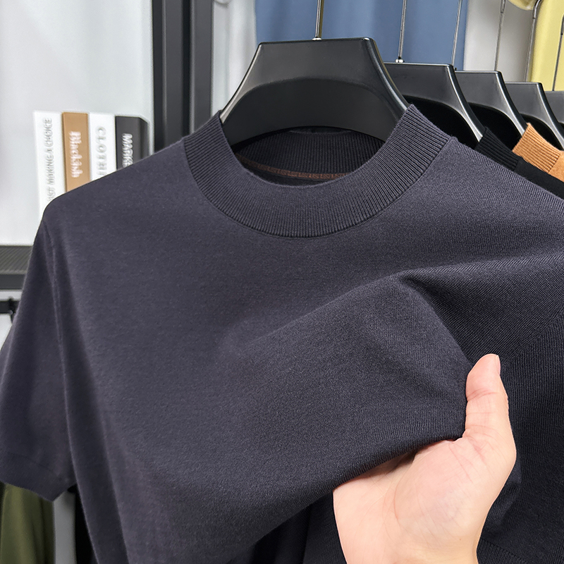 Soie laine hommes Tops basiques Sprig automne décontracté col montant mince tricot t-shirt à manches courtes tricots pull laine chemises minces
