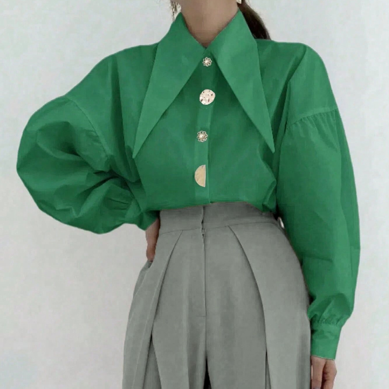 Chemisier ample à col pointu pour femmes, élégant, mode décontractée, chemises à manches longues, col rabattu, hauts, vêtements simples