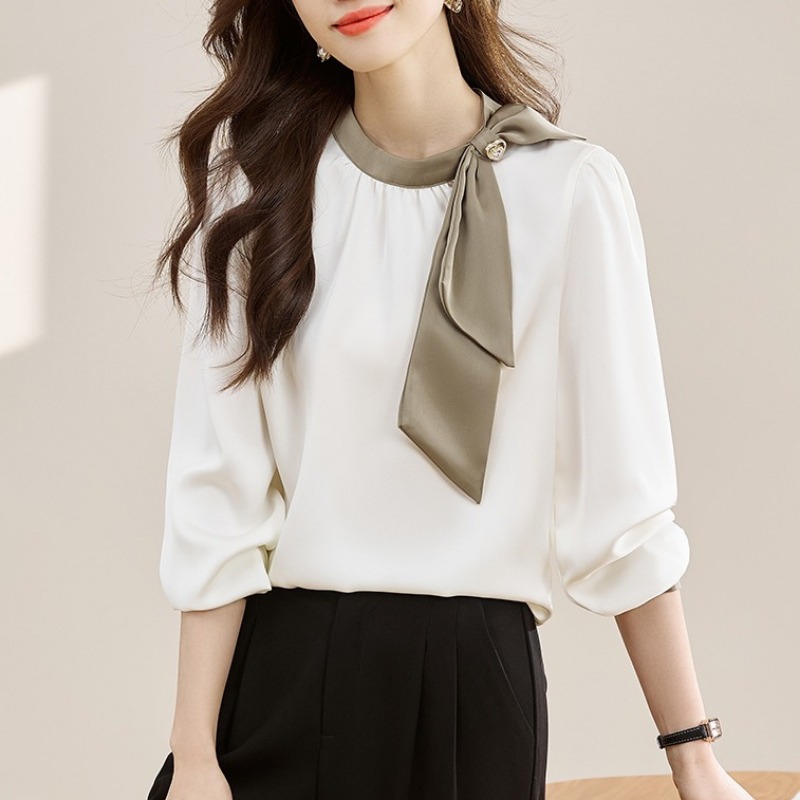 Chemisier en satin français pour femmes, à col à nœud et manches longues, élégant pour le bureau.