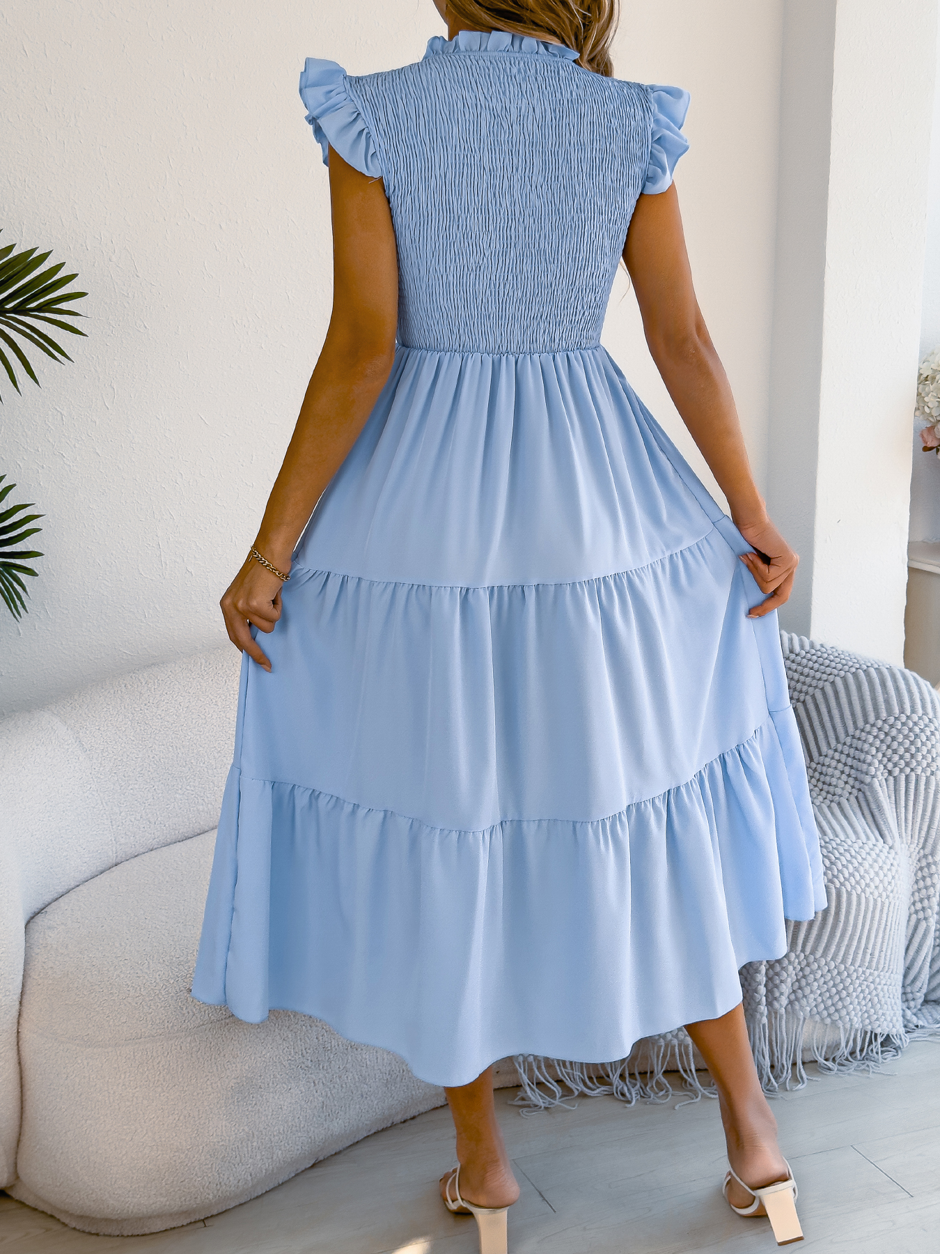 Robes élégantes à volants pour femmes Printemps-Été 2026 – Robe longue décontractée sans manches à col rond de couleur unie pour les vacances – Bleu Vert