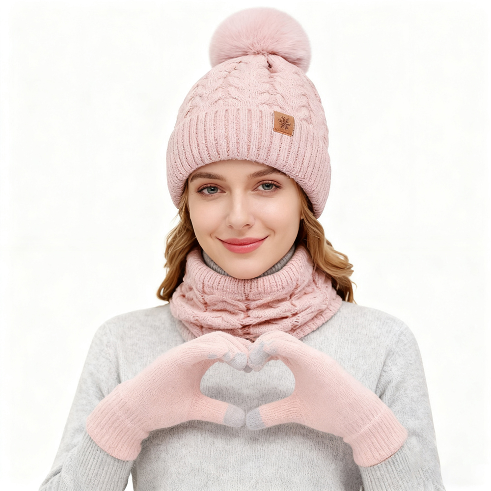 3 pièces femmes hiver chapeau écharpe gants ensemble boule de fourrure de noël adolescent bonnet cou plus chaud costume pompon tricoté femme hommes casquette ensemble