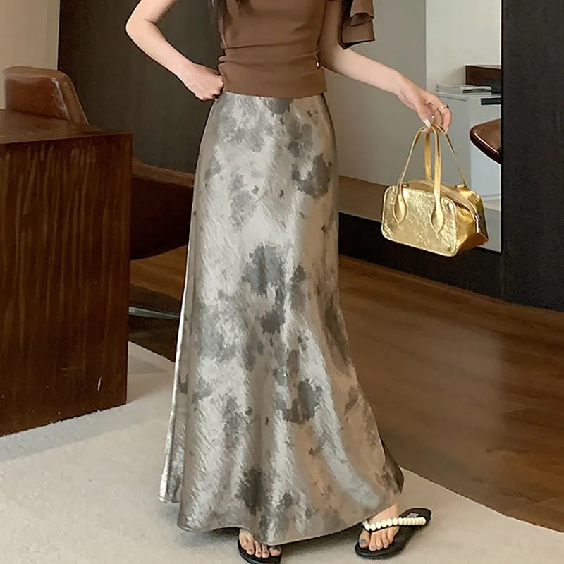 Jupe longue en satin d'acétate grande taille 4XL pour femme, jupe longue sirène imprimée style coréen pour l'été, jupe maxi mode pour femme