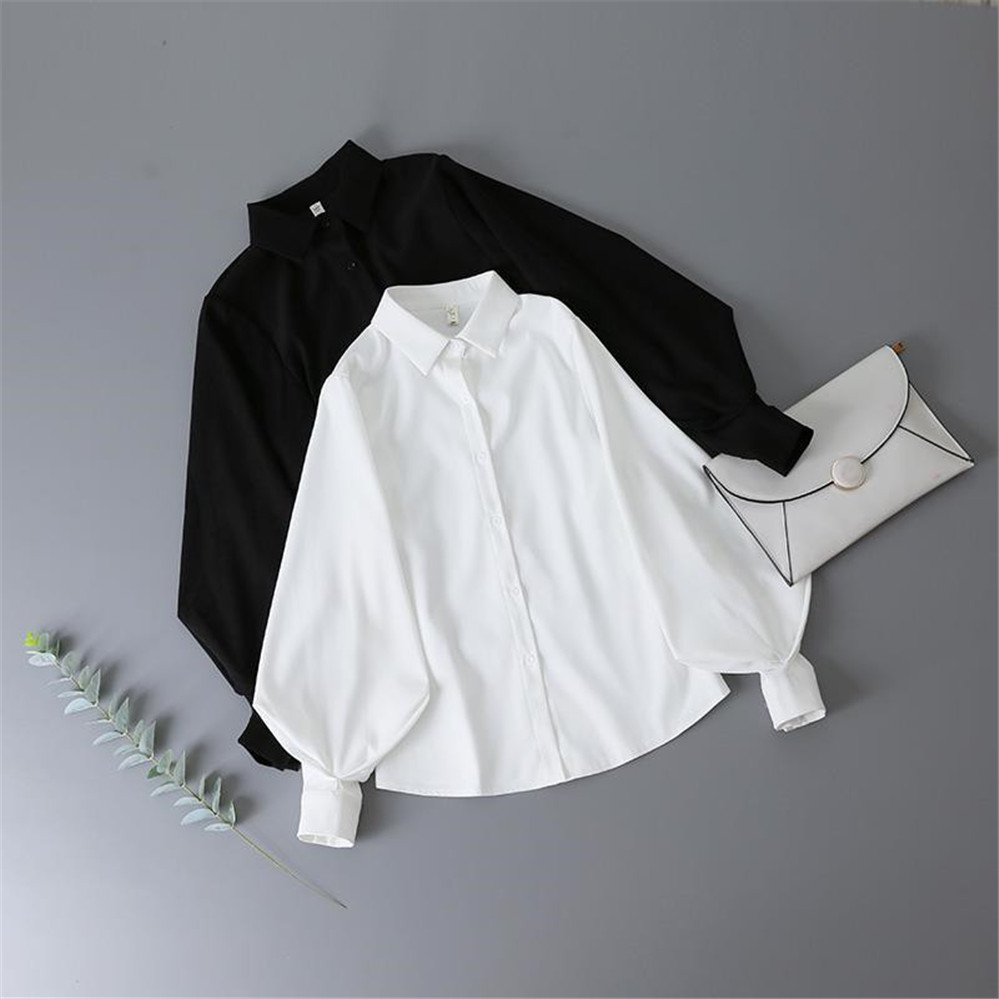 Chemises à manches lanterne de style coréen pour femmes, chemisiers monochromes, col rabattu, simple, adt, automne, mode assortie, 2022