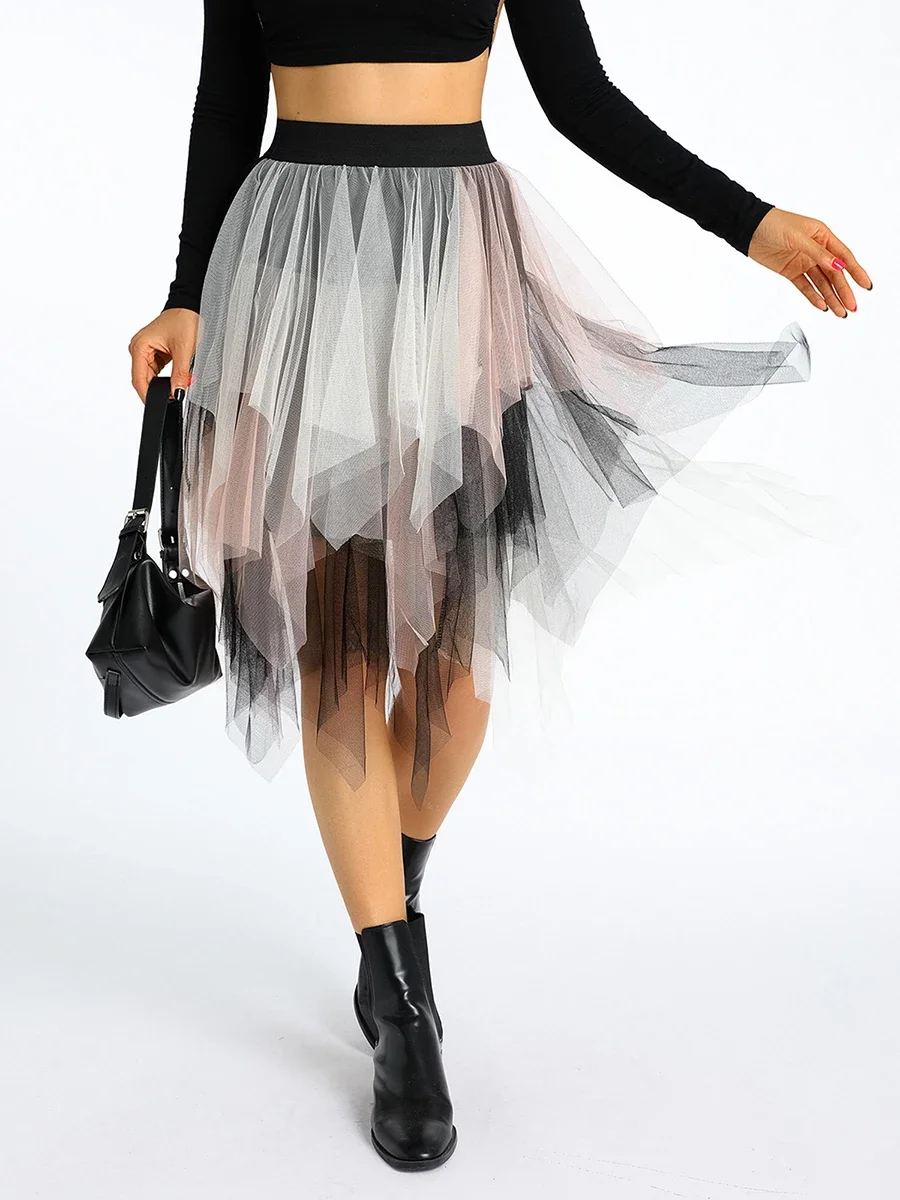 Jupes longues en tulle irrégulières pour femmes, taille haute élastique, maille superposée, tutu, jupes trapèze, mode bohème coréenne, jupes Y2K