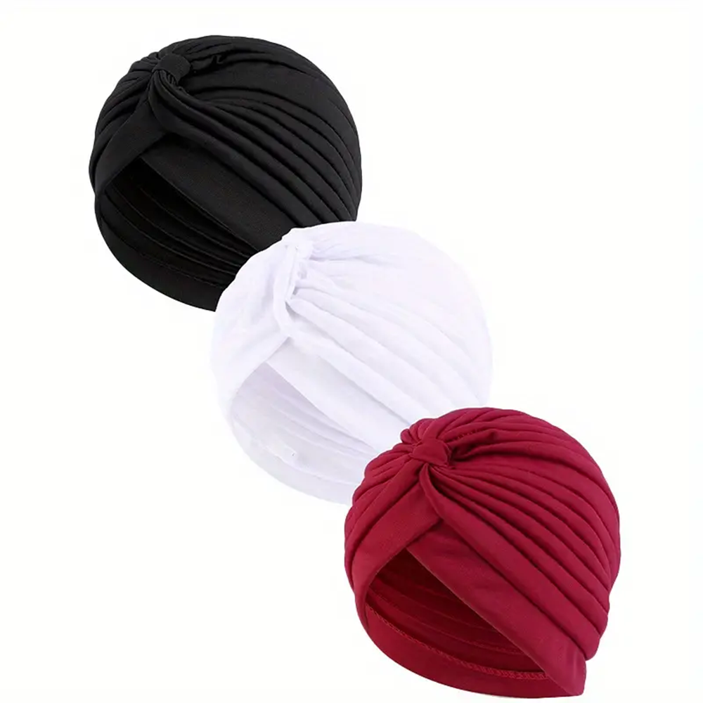 Lot de 3 bonnets turban torsadés élastiques pour femmes, hijab musulman, couleur unie, extensible, doux, pour chimiothérapie