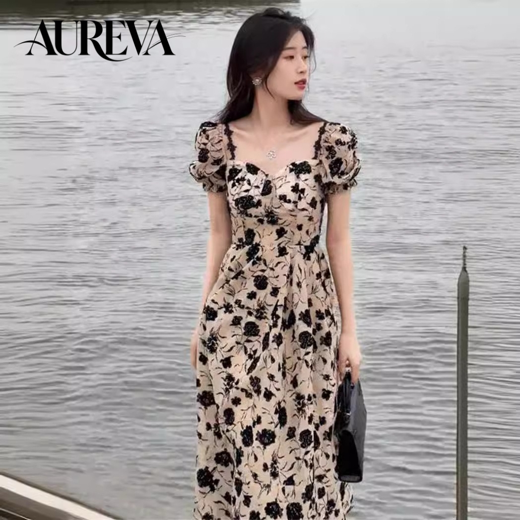 Robe Midi Florale Vintage pour Femmes, Taille Haute, Coupe Ajustée, Élégante, Design Unique, Luxe Chic, Robe Longue