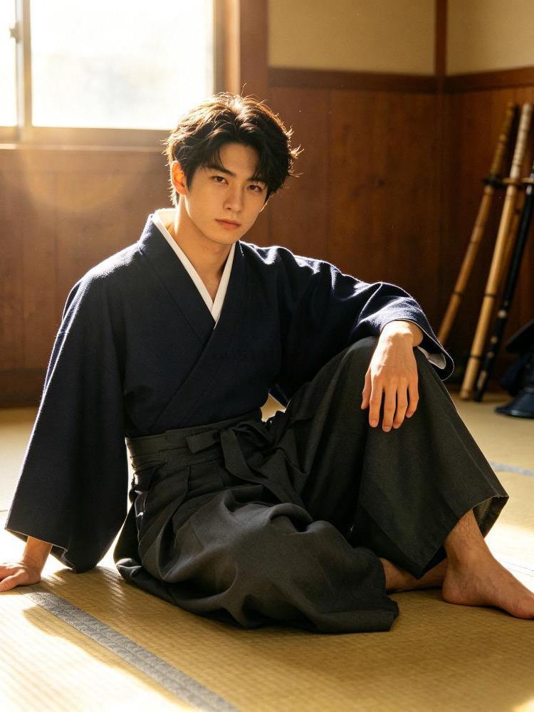 Ensemble kimono japonais pour homme, hakama, samouraï, kendo, col croisé, manches larges, bleu marine, rouge vin, gris, cosplay traditionnel, Halloween, coton