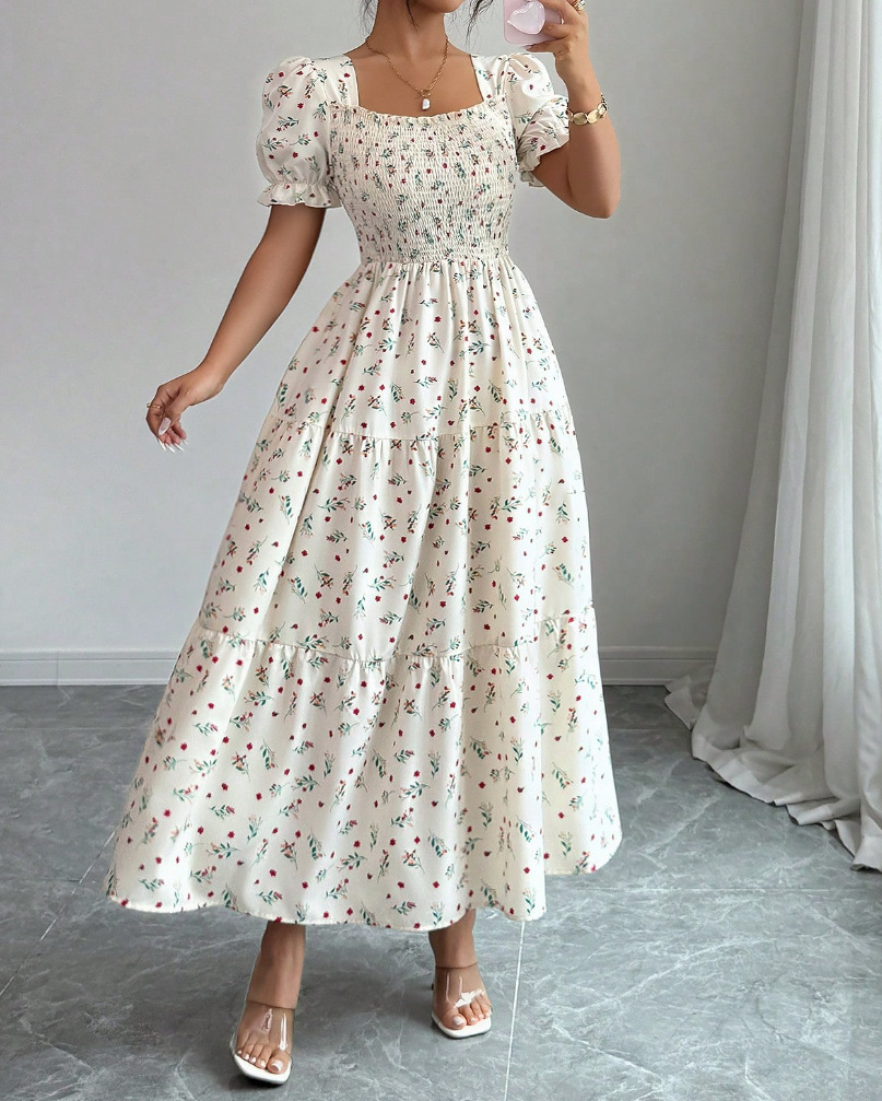 Jupe longue à manches courtes et col carré pour femme, imprimé frais, décontracté, mode, légèrement dos nu, tempérament, printemps et automne
