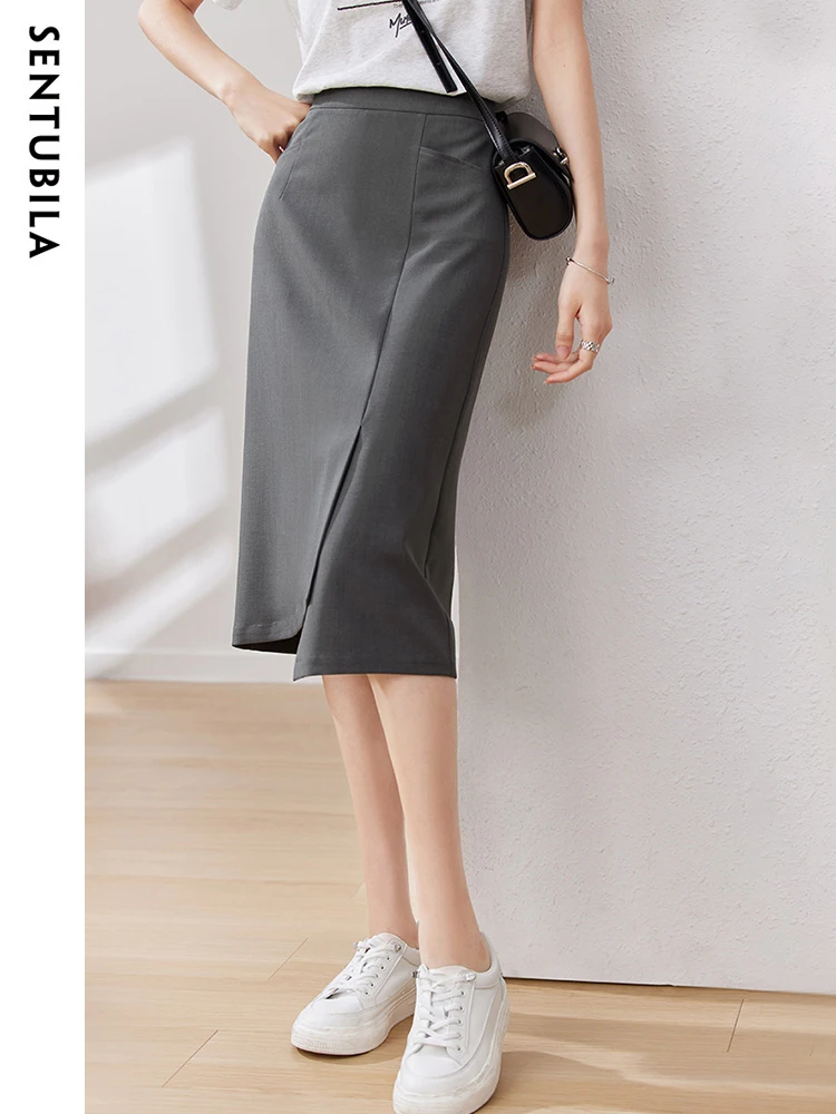 Jupe crayon midi fendue irrégulière SENTUBILA pour femme, taille haute, gris uni, avec poches, collection été 2026 - 132Q48722