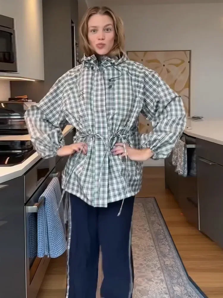 Manteau décontracté à capuche en dentelle à carreaux pour femme, simple boutonnage, manches longues, fermetures éclair, coupe ample, mode printemps automne 2026