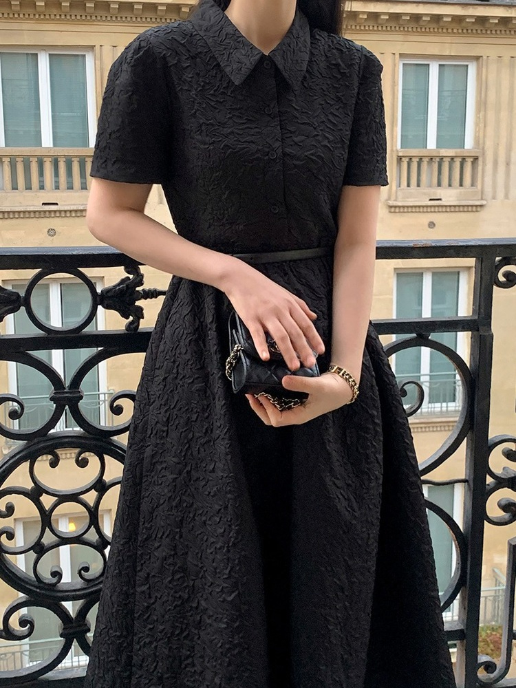 Robe trapèze tendance pour femme, manches courtes, col rabattu, en tissu Dobby, noire, pour l'été